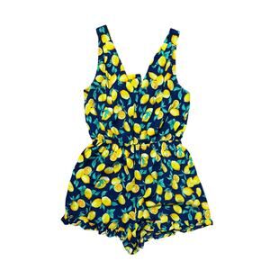 Francesca's Blue Rain Blue Lemon Print Ruffle Hem Romper w/Cutout Back Small EUC
